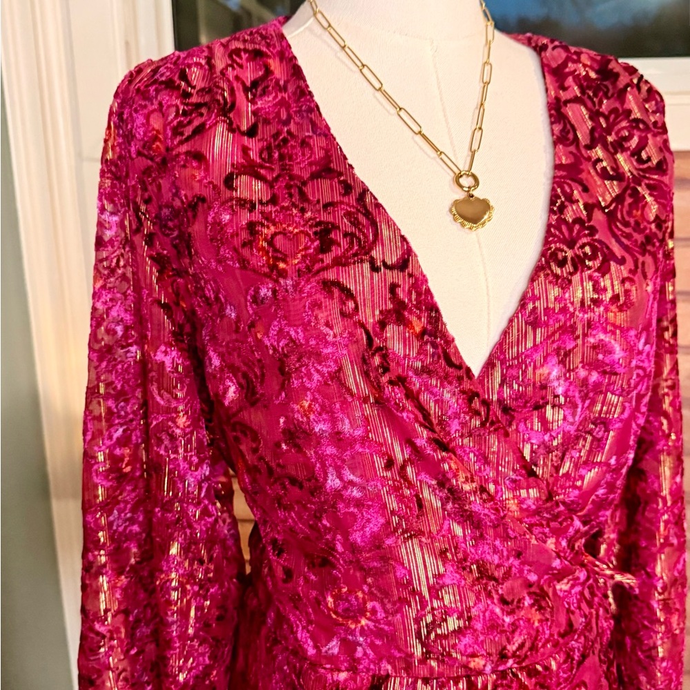 NWT- LOFT Fuchsia Velvet Burnout Wrap Dress- Compare at $110
